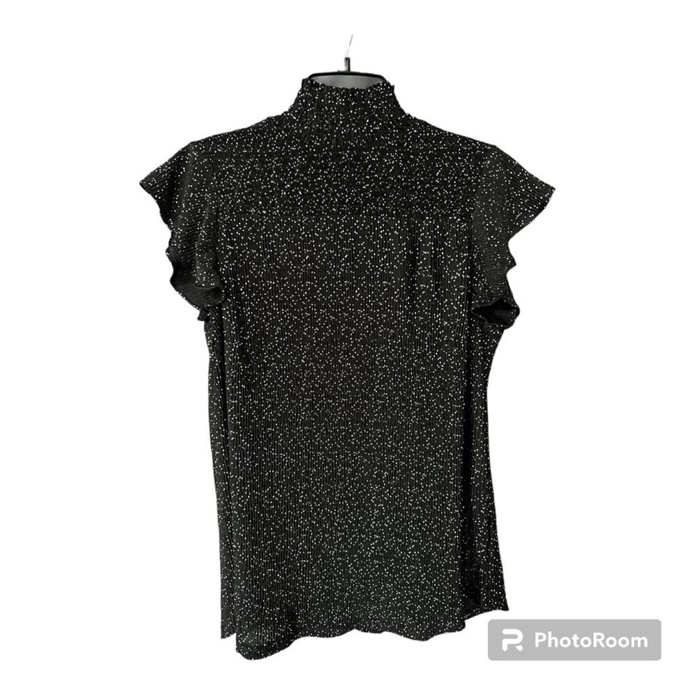 Adrianna Papell Women’s Top Blouse Short Sleeve Black with Silver Dots Medium